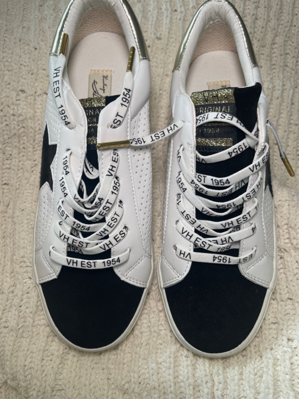 Vintage Havana White and Black Lace-Up Sneakers with Gold Accents